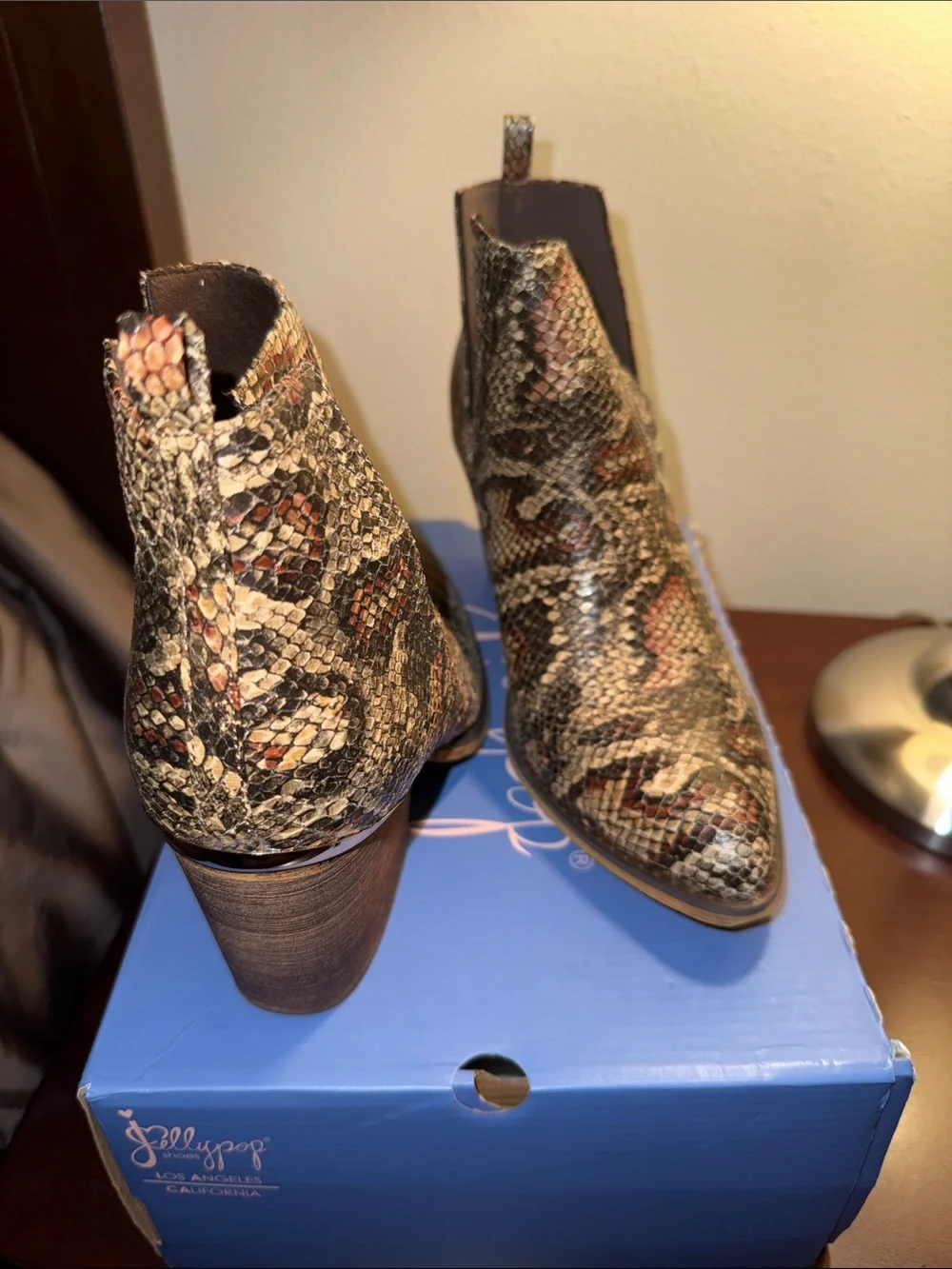 Jellypop Snake-Print Cutout Ankle Booties in Brown and Tan